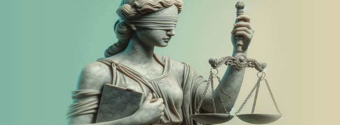 Estatua de la justicia sujeta balanza con una mano y tablet con la otra