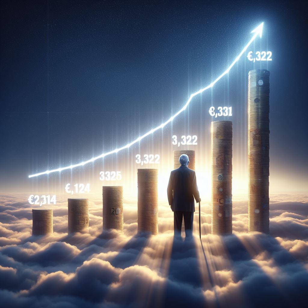 Un anciano camina entre las nubes hacia el paraiso junto a una gráfica ascendente con precios de los servicios funerarios.