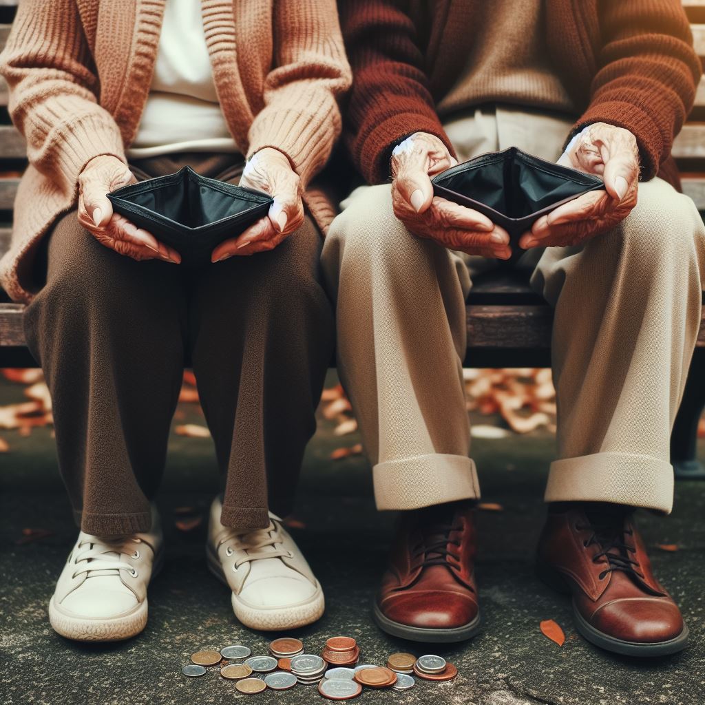 Matrinmonio de ancianos muestran sus carteras vacías y unas pocas monedas en el suelo.